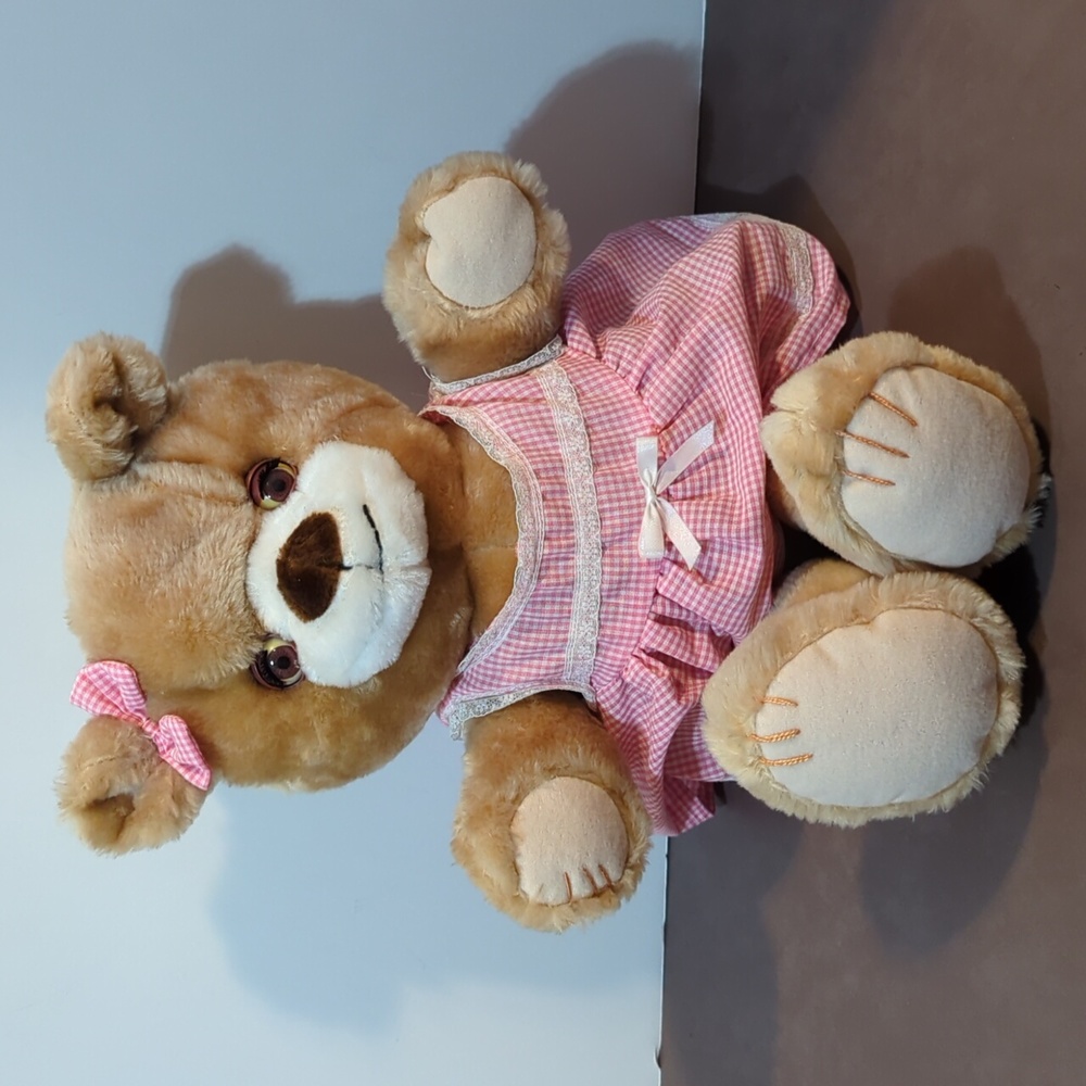 Bijou Enterprise Girl Bear Plush Sleep Eyes Pink Gingham Dress Stuffed